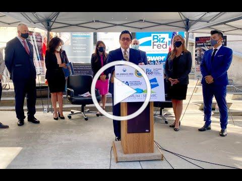 Business and governments leaders address the media on the importance of earthquake resilience.