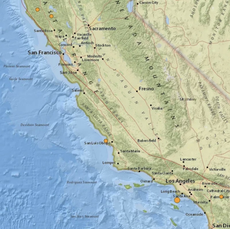 Five earthquakes within 9 hours throughout California coastline